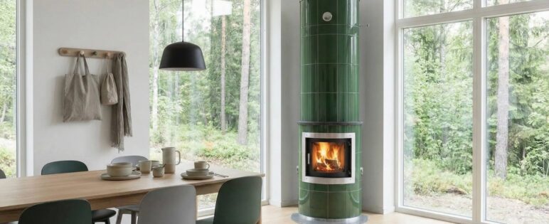 Grön värmelagrande kakelugn med brasa i ett ljust hus med stora fönster mot skogen